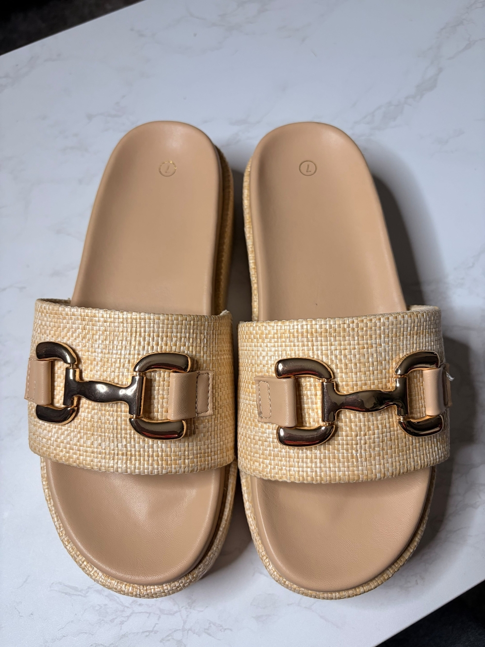 Neutral Raffia Slide Mules with Gold Chain Accent - Women